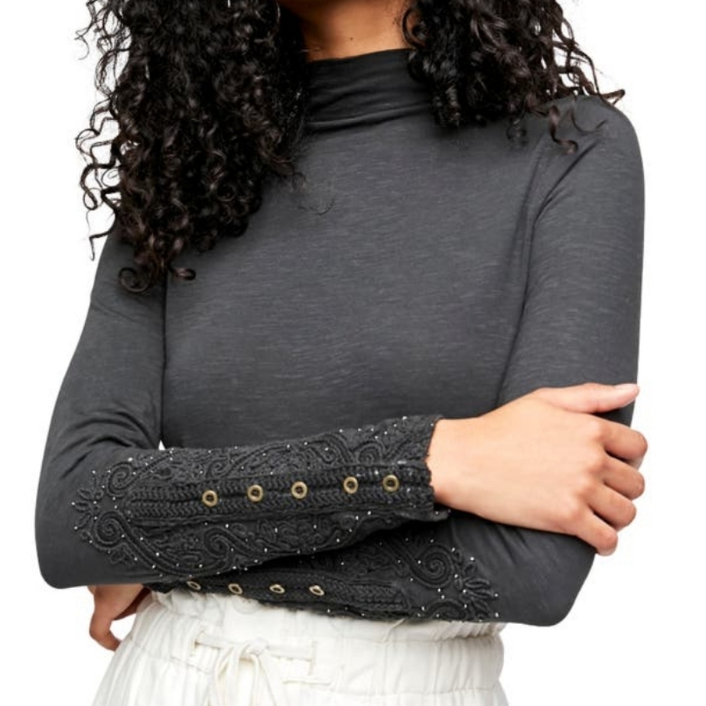 Free People Hooked on You Black Mock Neck Top